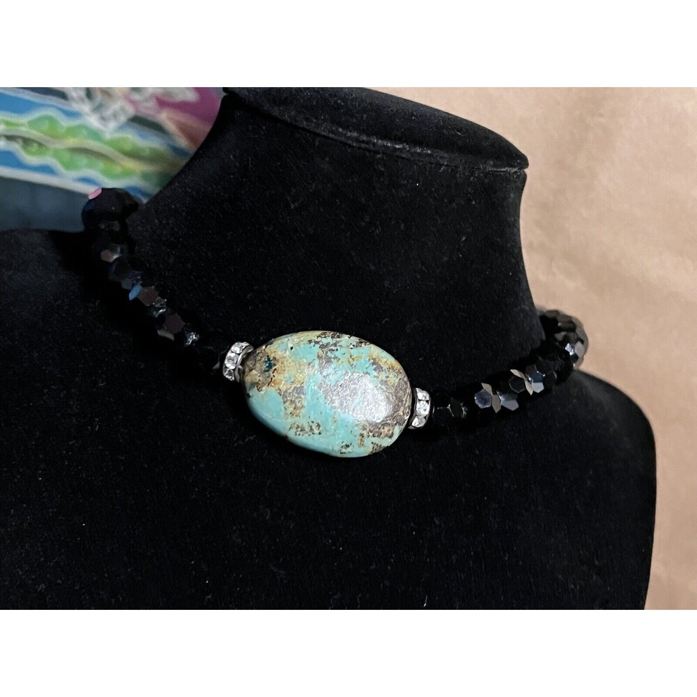 Vintage Rachel Abroms Choker Necklace Black Crystals Turquoise Pendant 14.5”